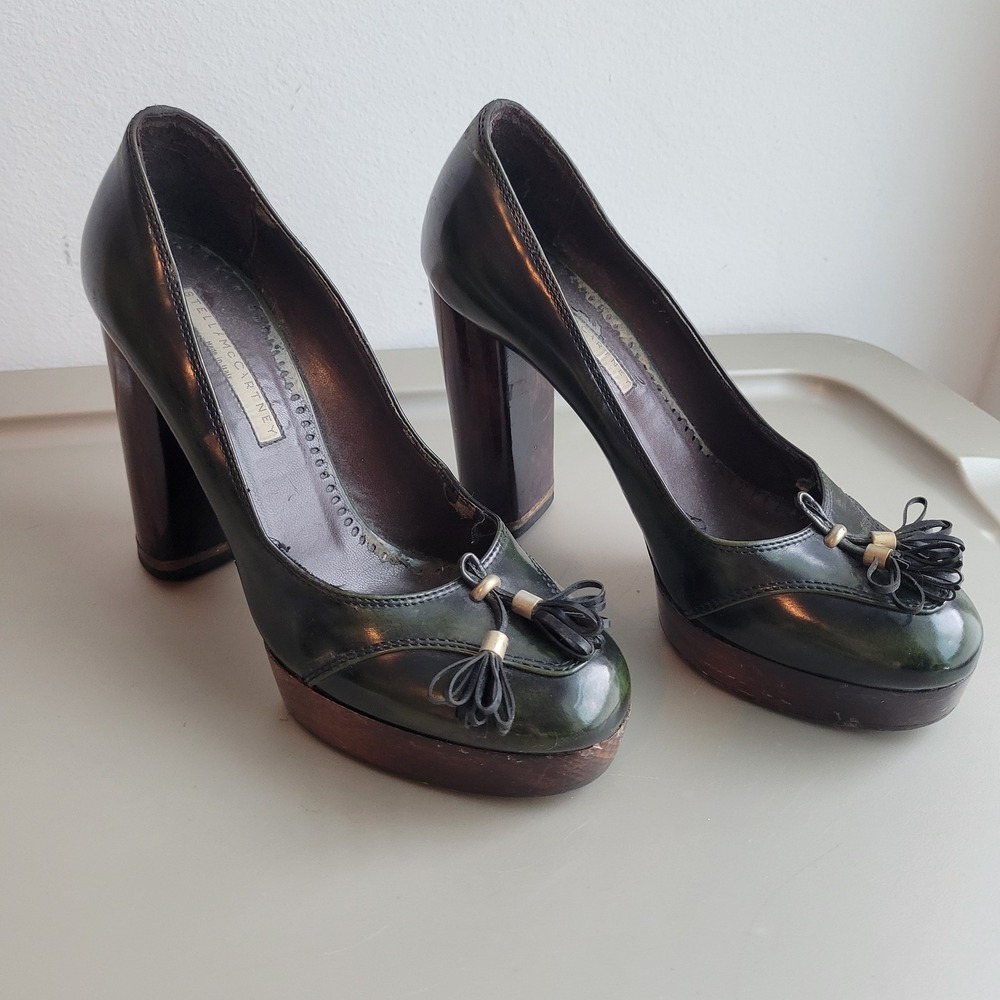 Stella McCartney Green Faux Leather Tassel Platform Block Heels Size 37.5